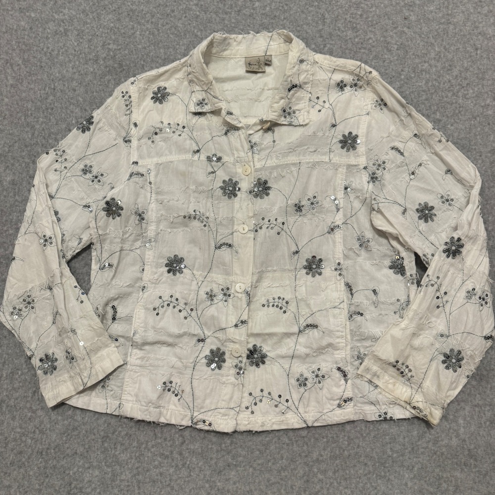 Focus Y2K White Cotton Floral Embroidered Sequin Button Up Shirt Large Boho
